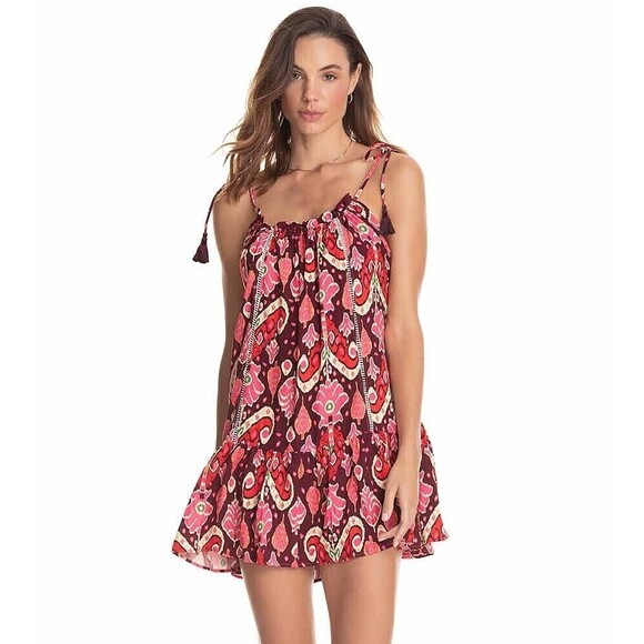 Maaji Totem Short Cover Up Dress Size Large Ikat Burgundy Print NEW $98 - Picture 2 of 9